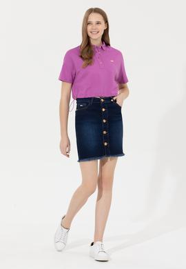 Kadın Menekşe Polo Yaka Crop Tişört - 50249063026