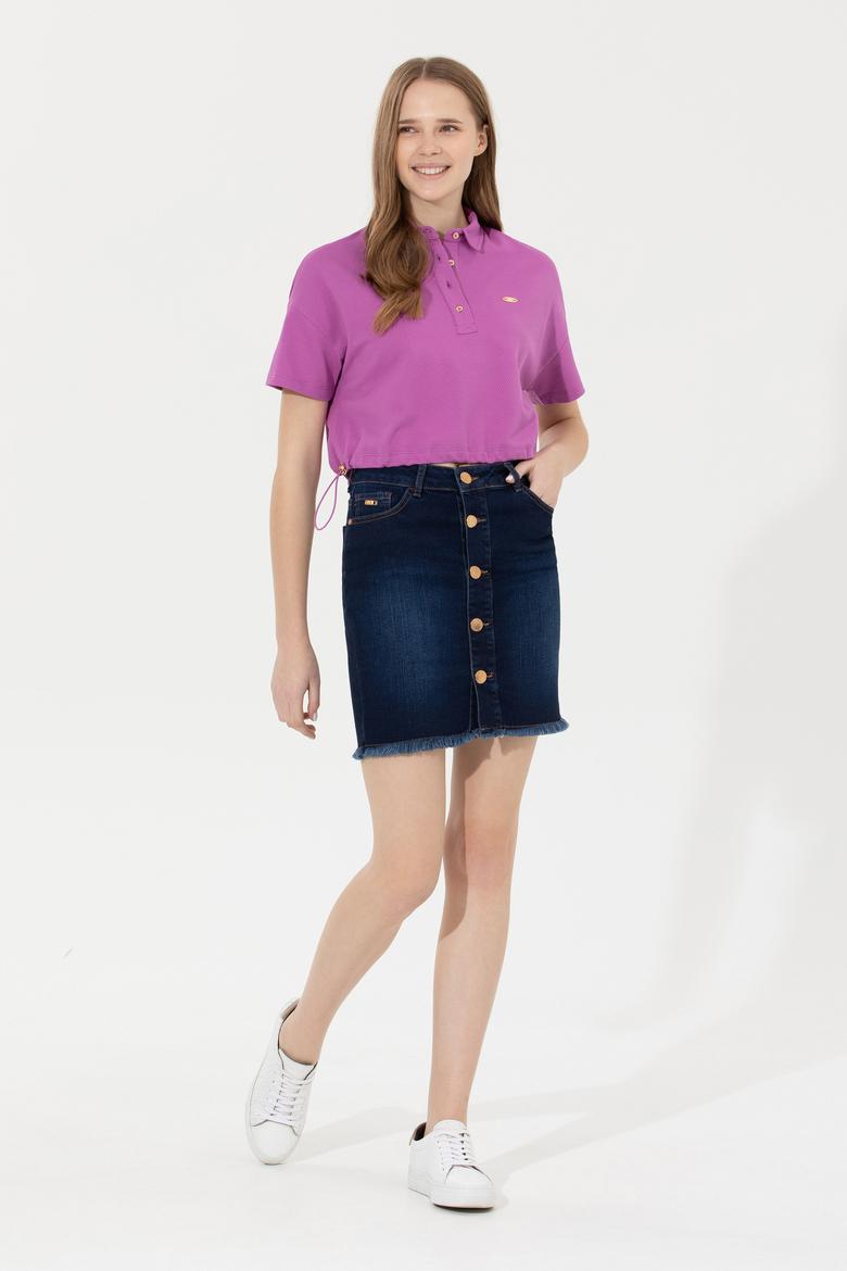 Kadın Menekşe Polo Yaka Crop Tişört - 50249063026