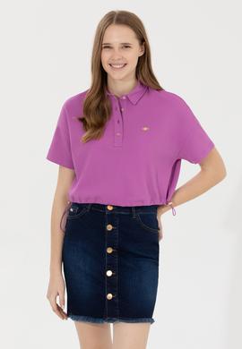 Kadın Menekşe Polo Yaka Crop Tişört - 50249063026