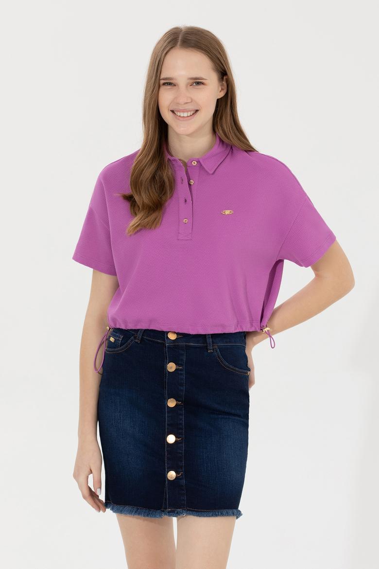 Kadın Menekşe Polo Yaka Crop Tişört - 50249063026