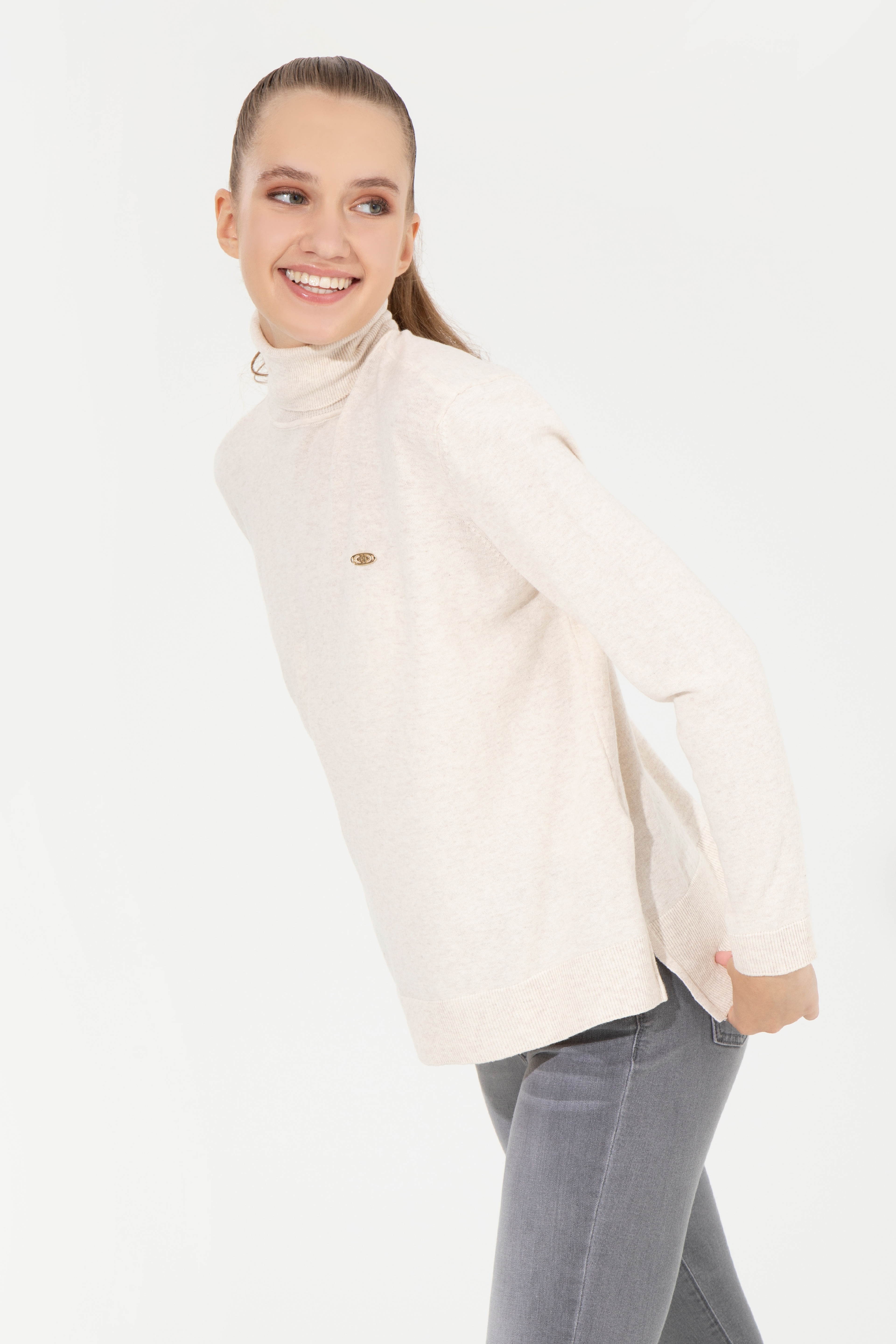 Kadın Krem Melanj Basic Kazak - Image 3