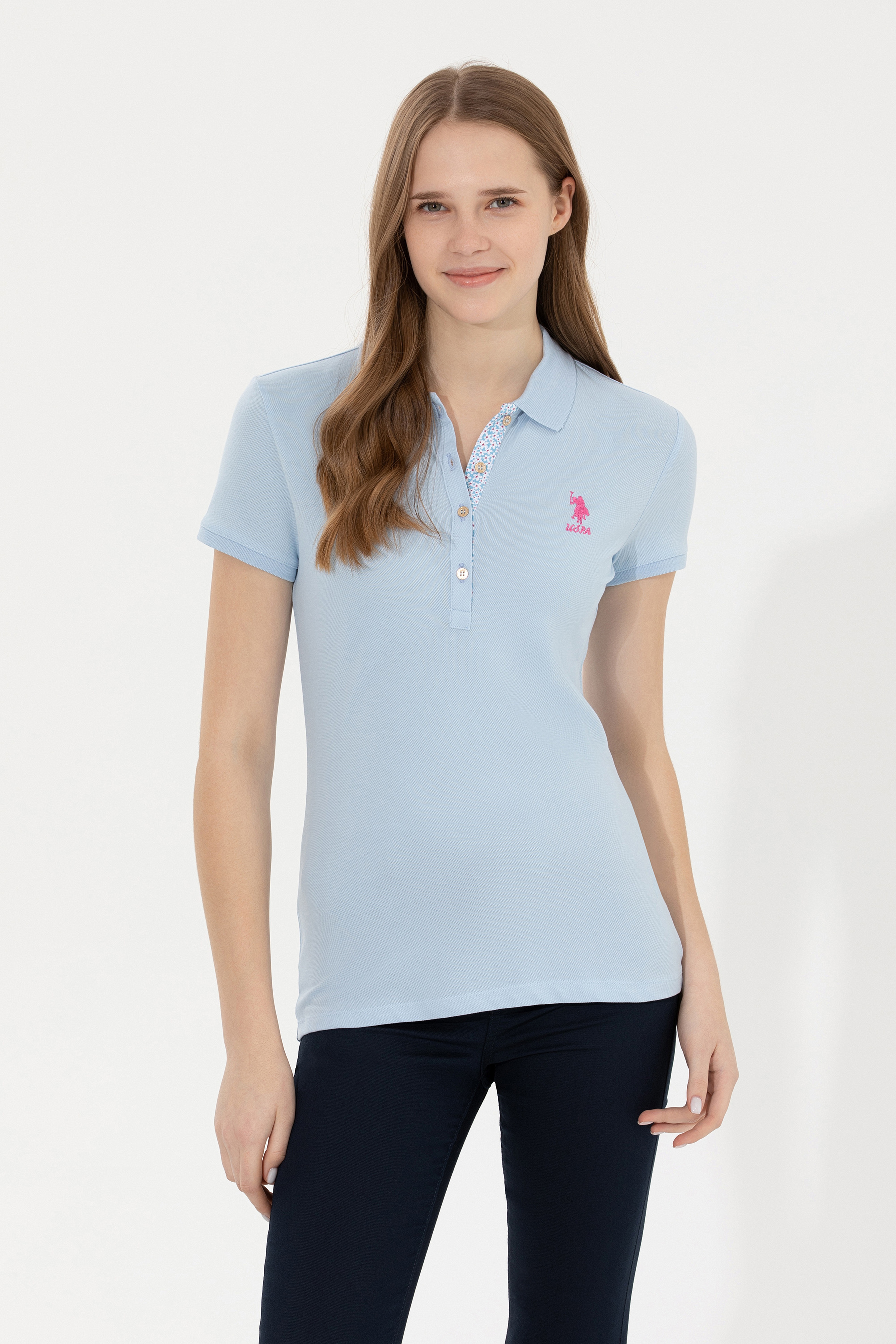 Kadın Açık Mavi Basic Polo Yaka Tişört