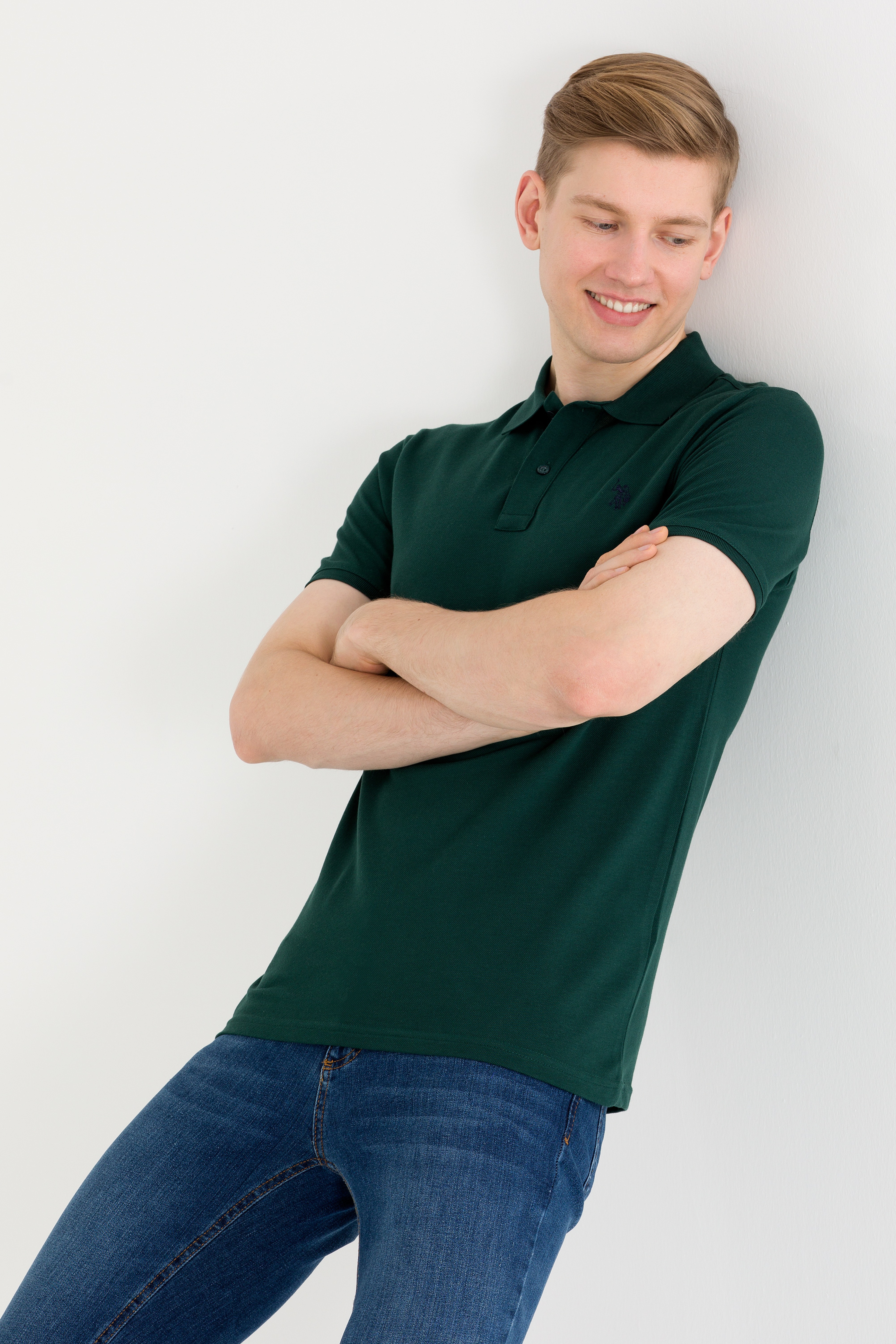 Erkek Koyu Yeşil Polo Yaka Basic T-Shirt