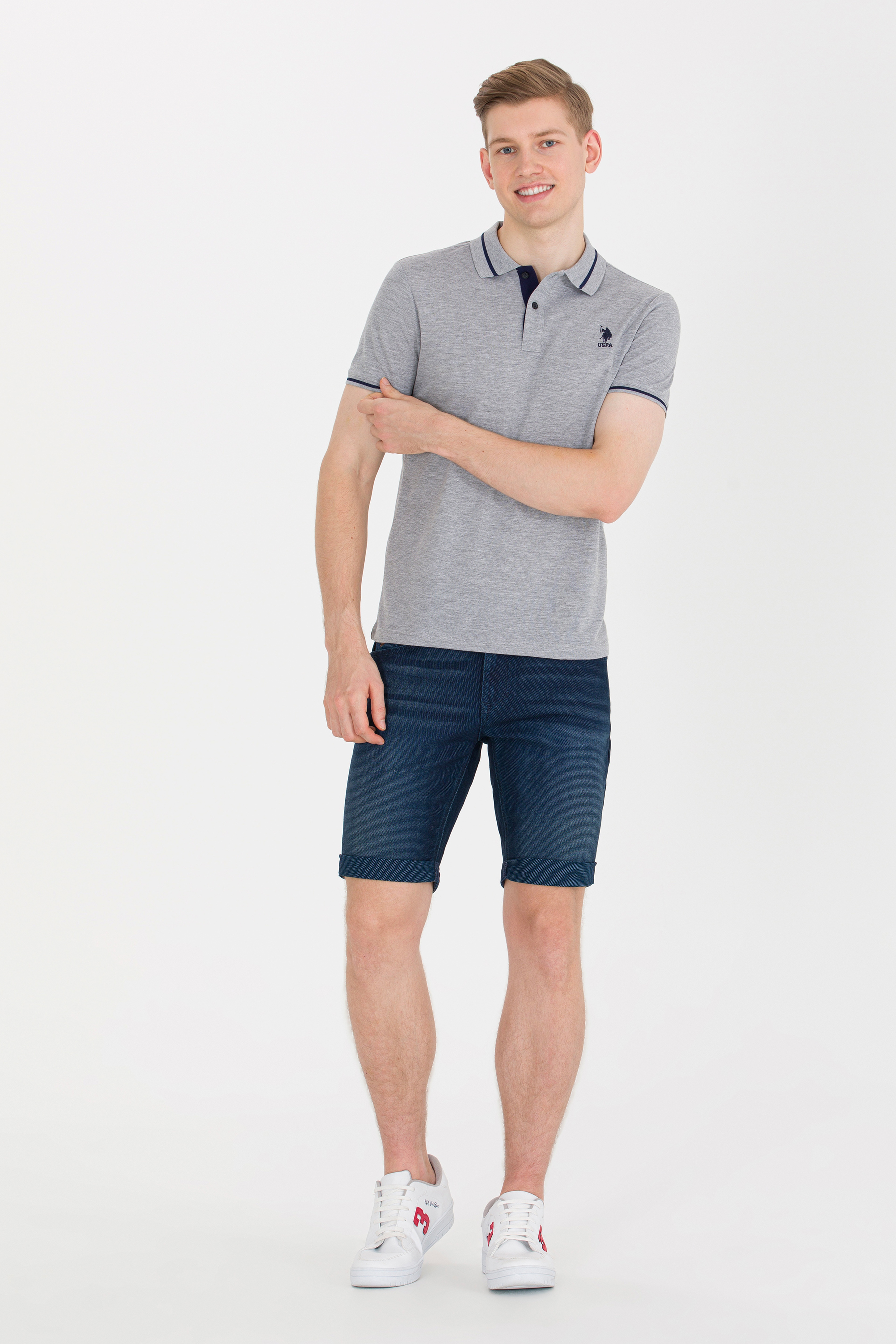 Erkek Gri Melanj Basic Polo Yaka Tişört