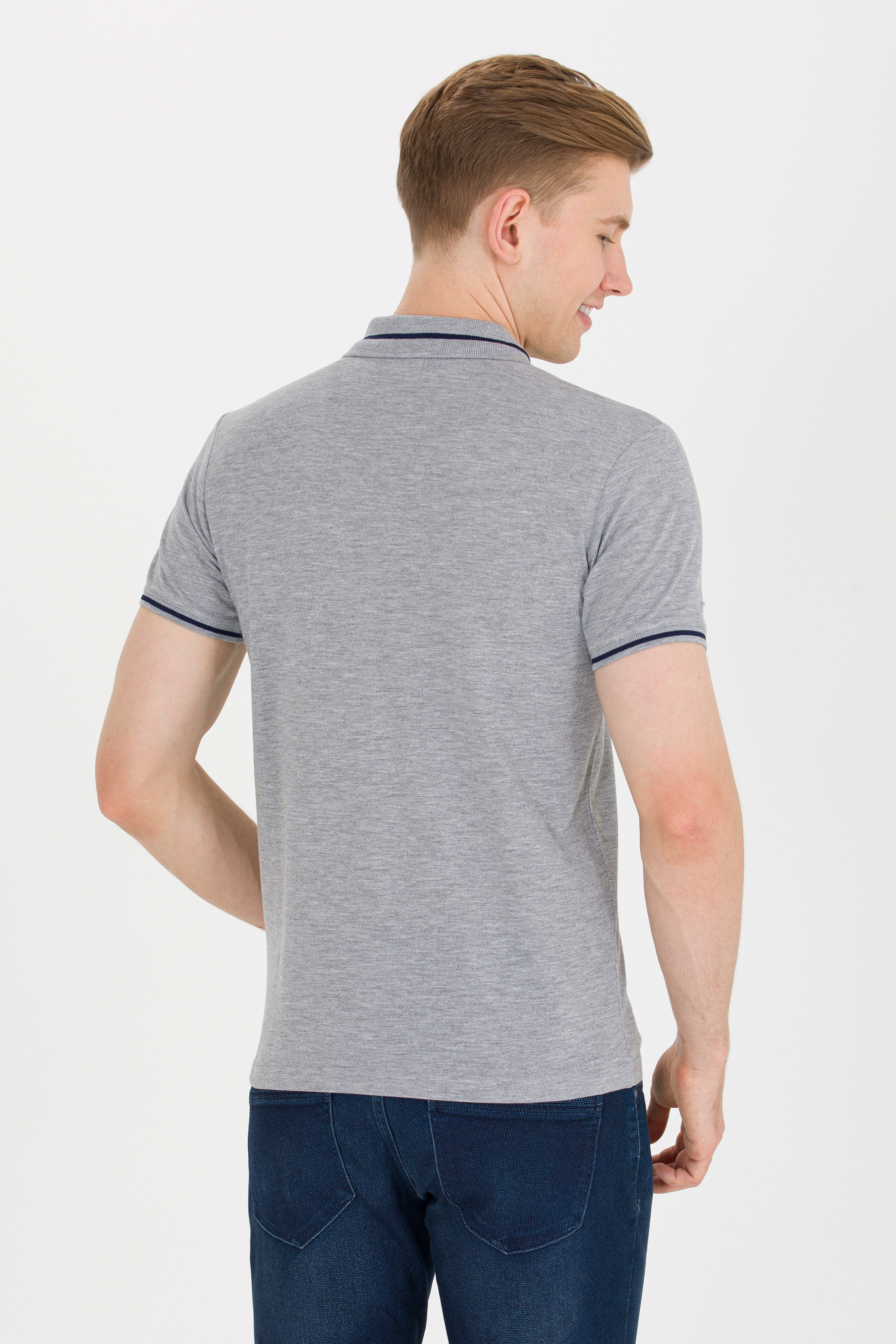Erkek Gri Melanj Basic Polo Yaka Tişört - Image 5