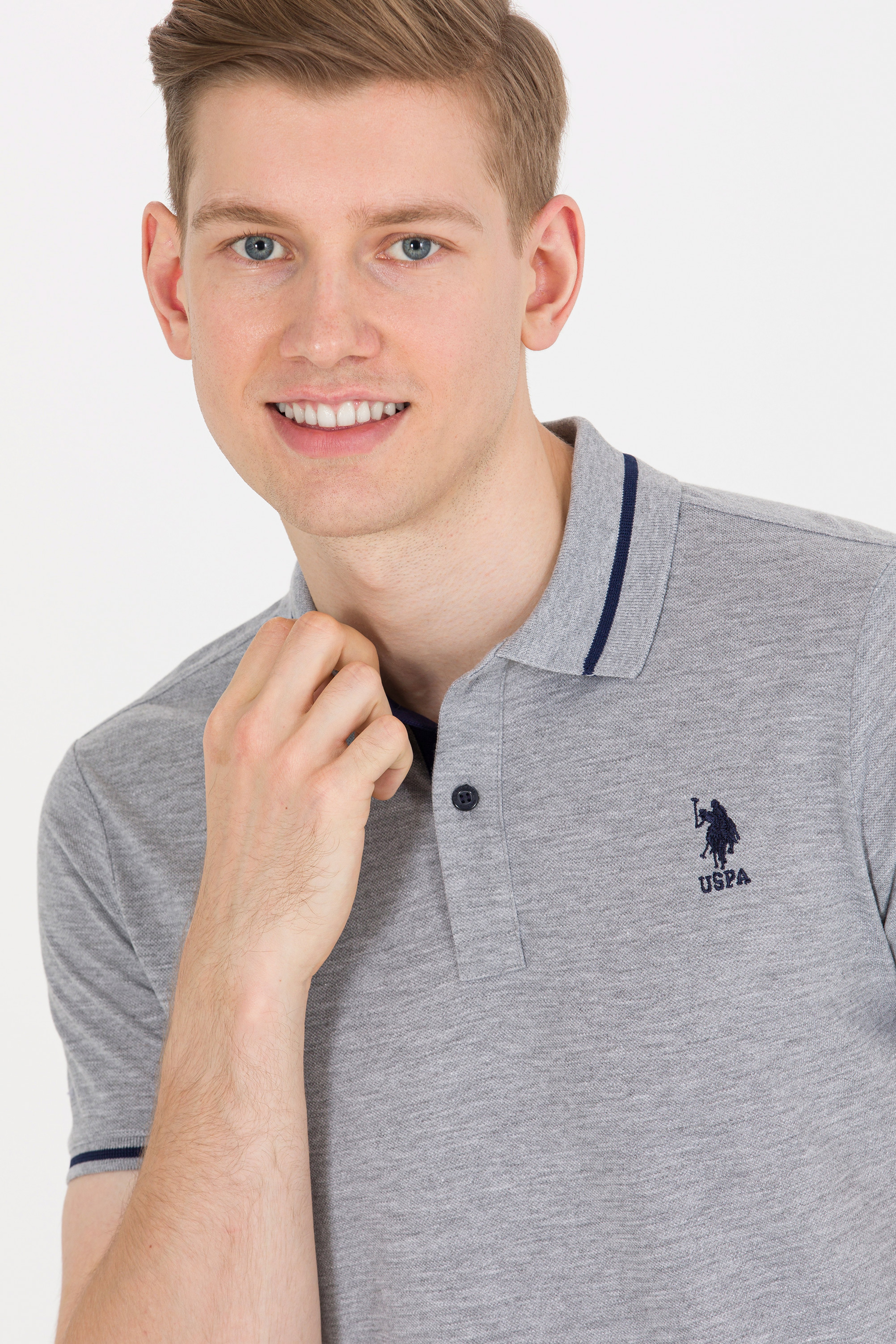 Erkek Gri Melanj Basic Polo Yaka Tişört