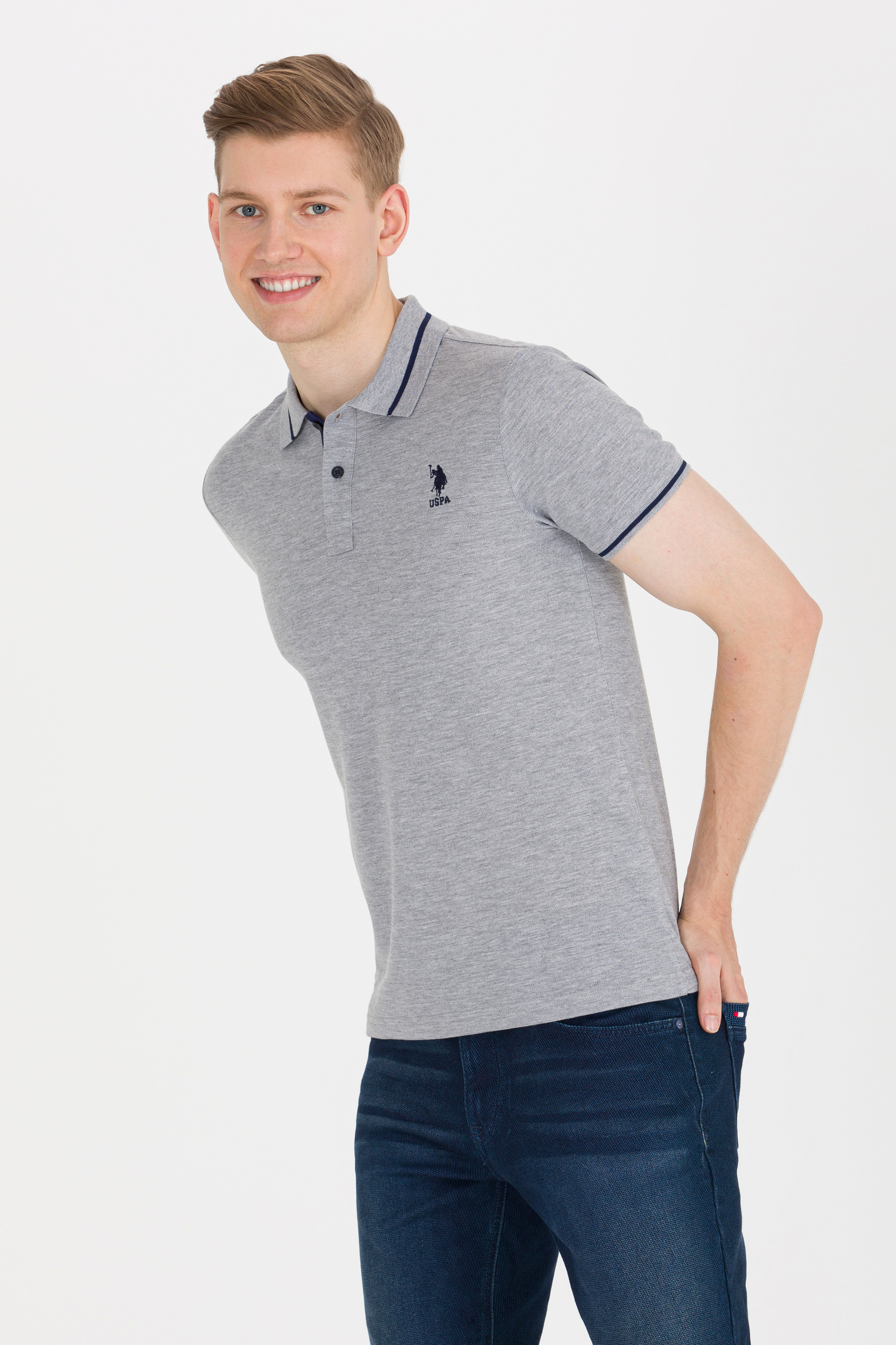 Erkek Gri Melanj Basic Polo Yaka Tişört - Image 3