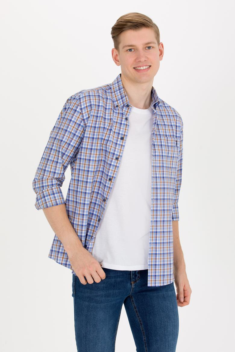 Erkek Kareli Saks Gömlek - 50273930005