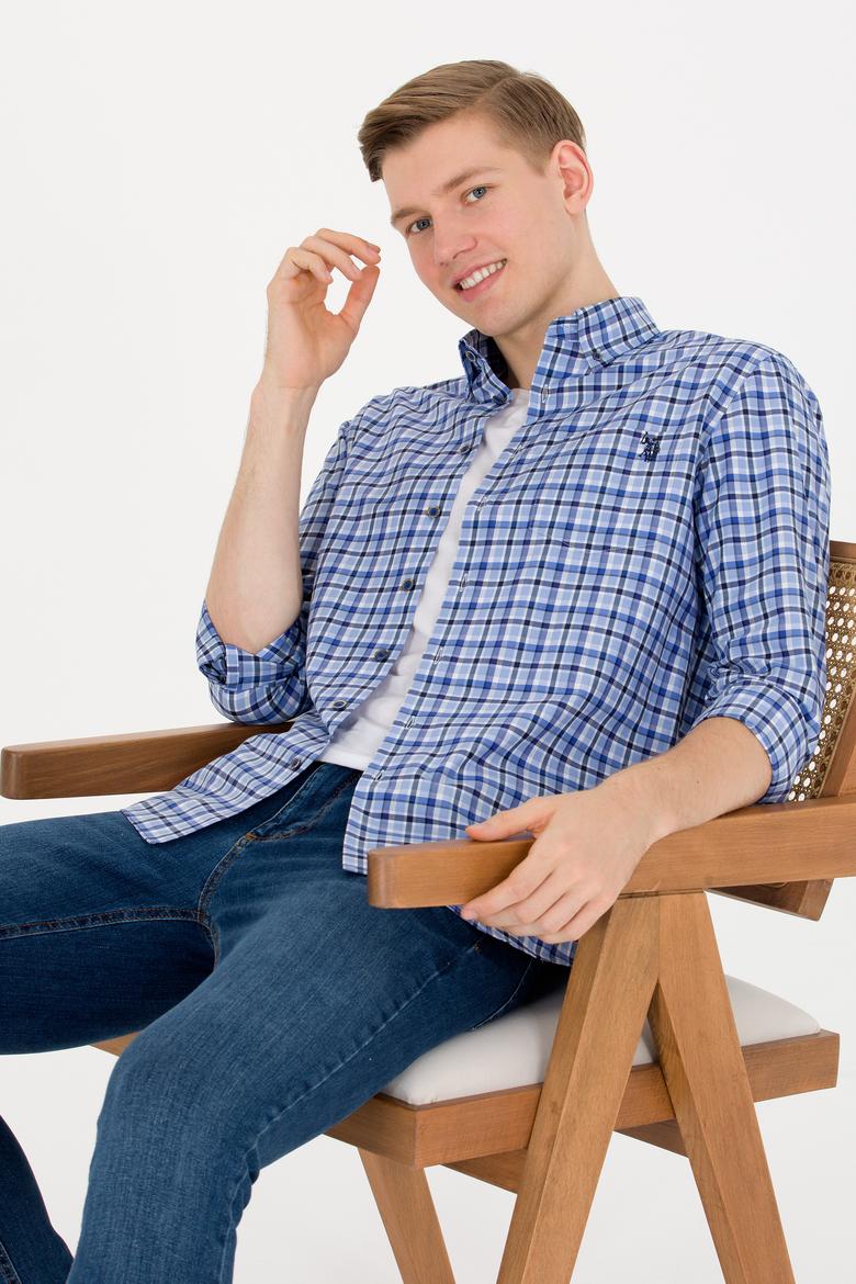 Erkek Kareli Saks Gömlek - 50273930009