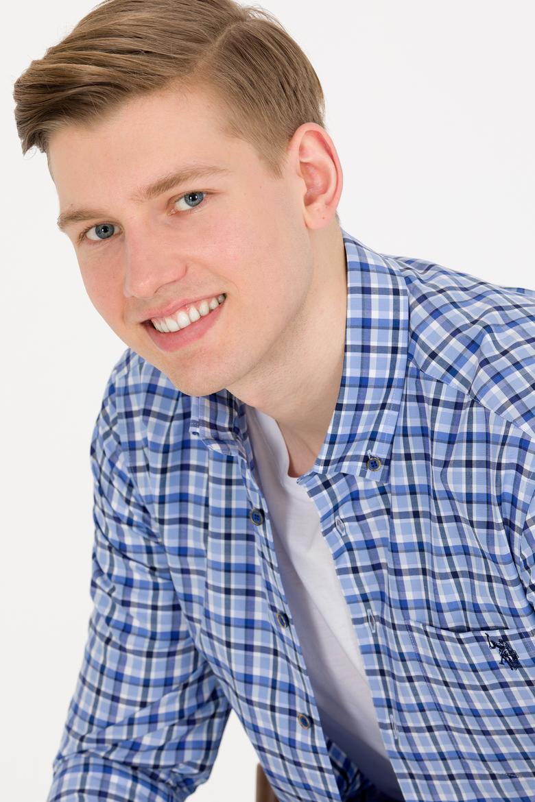 Erkek Kareli Saks Gömlek - 50273930009