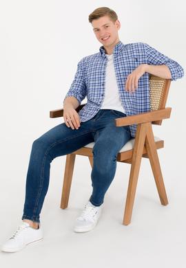 Erkek Kareli Saks Gömlek - 50273930009