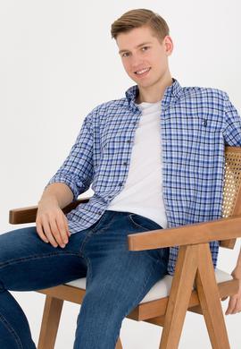 Erkek Kareli Saks Gömlek - 50273930009