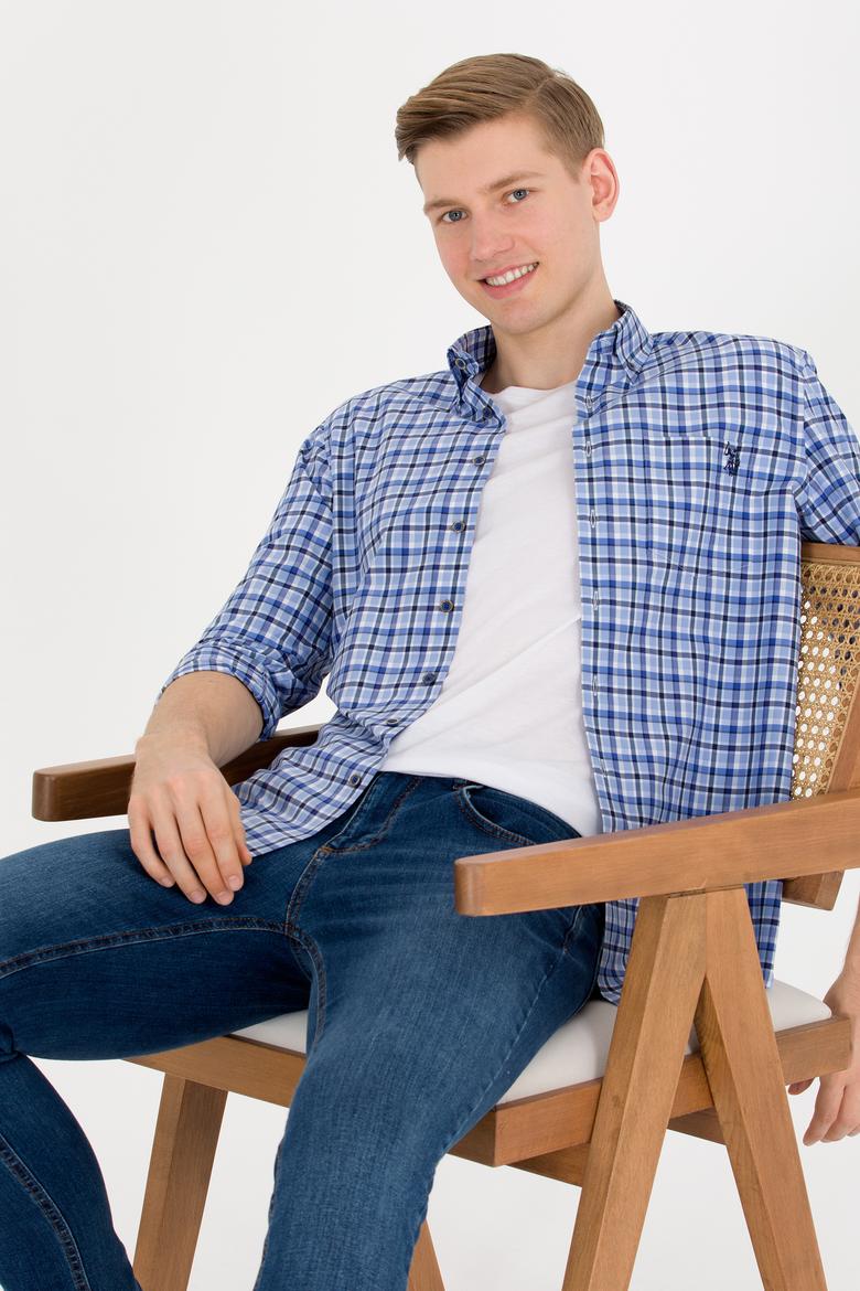 Erkek Kareli Saks Gömlek - 50273930009
