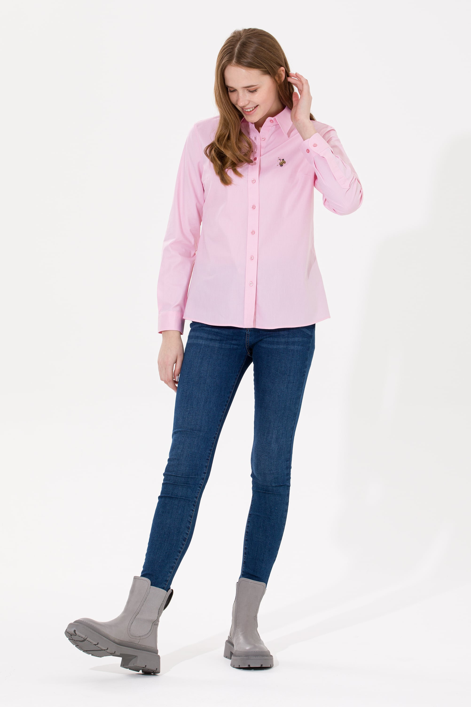 Kadın Açık Pembe Uzun Kollu Basic Gömlek - Image 3