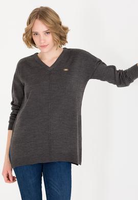 Kadın Antrasit Melanj V Yaka Kazak - 50260479011