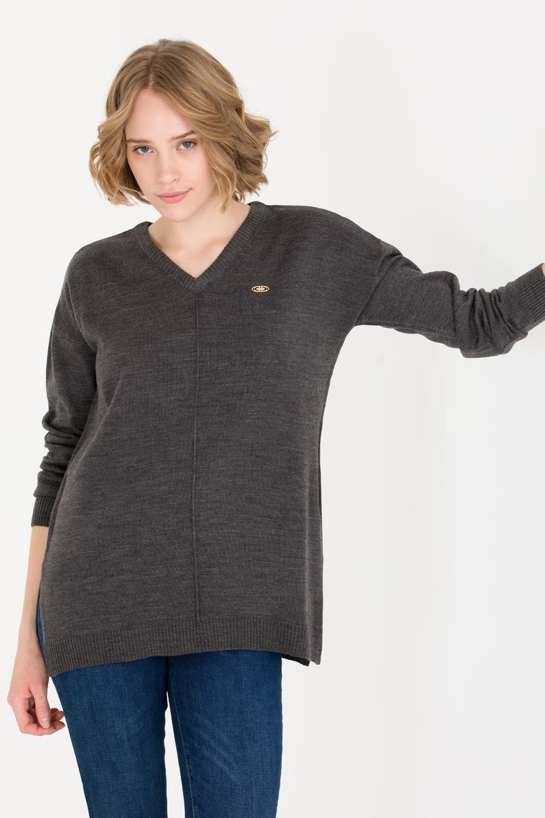 Kadın Antrasit Melanj V Yaka Kazak - 50260479011