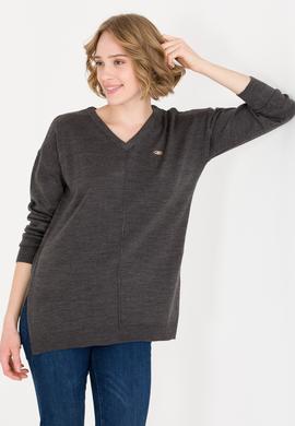 Kadın Antrasit Melanj V Yaka Kazak - 50260479011