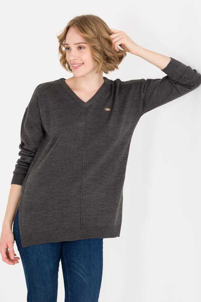 Kadın Antrasit Melanj V Yaka Kazak
