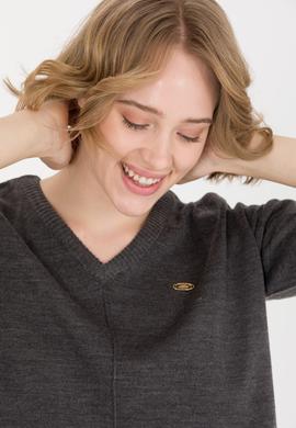 Kadın Antrasit Melanj V Yaka Kazak - 50260479011