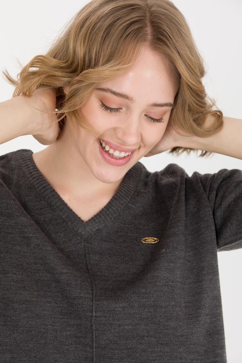 Kadın Antrasit Melanj V Yaka Kazak - 50260479011