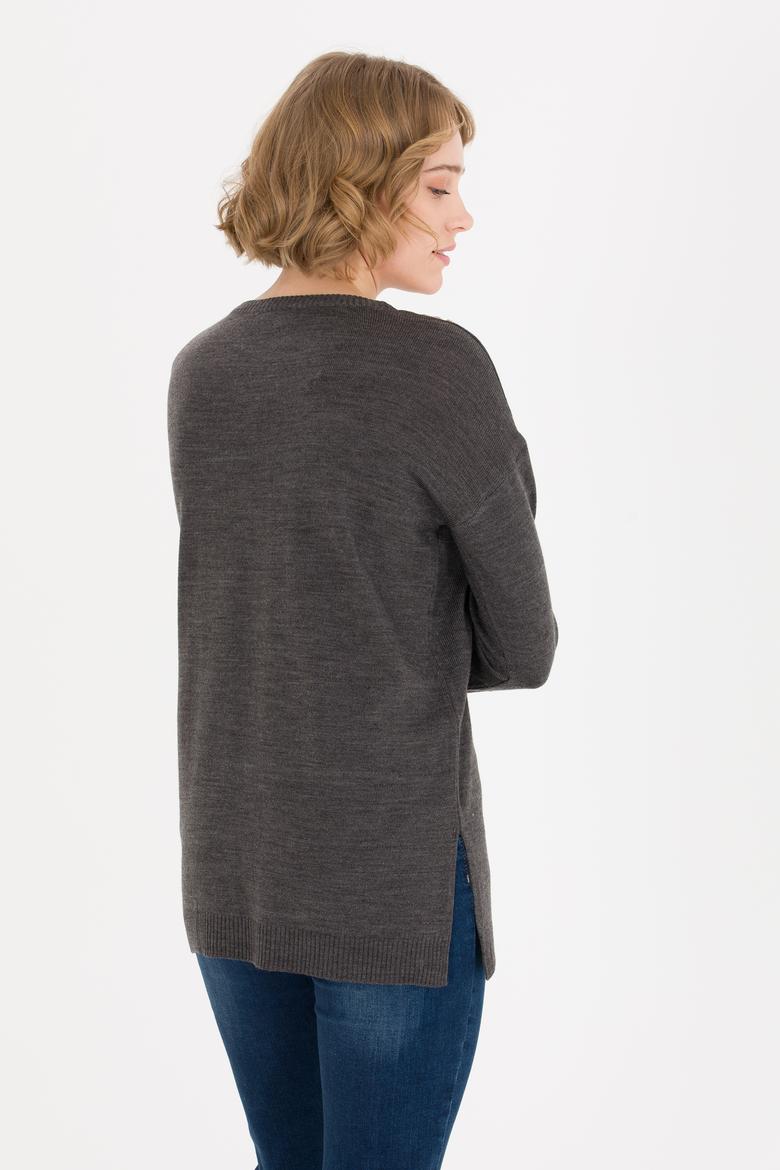 Kadın Antrasit Melanj V Yaka Kazak - 50260479011