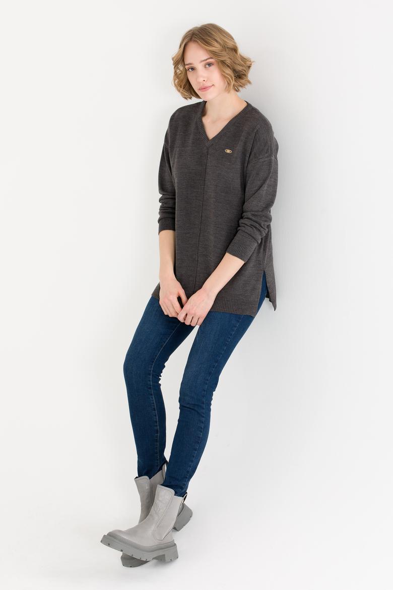 Kadın Antrasit Melanj V Yaka Kazak - 50260479011