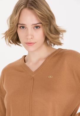 Kadın Camel V Yaka Triko Kazak - 50260479019