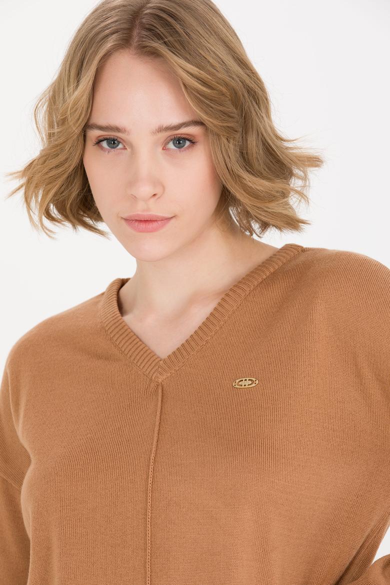 Kadın Camel V Yaka Triko Kazak - 50260479019