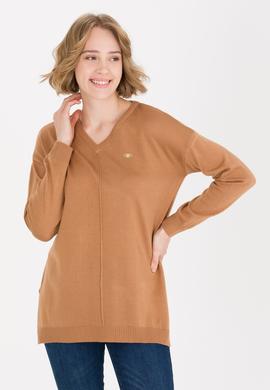 Kadın Camel V Yaka Triko Kazak - 50260479019