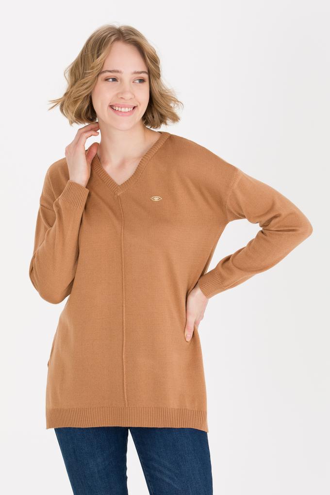 Kadın Camel V Yaka Triko Kazak
