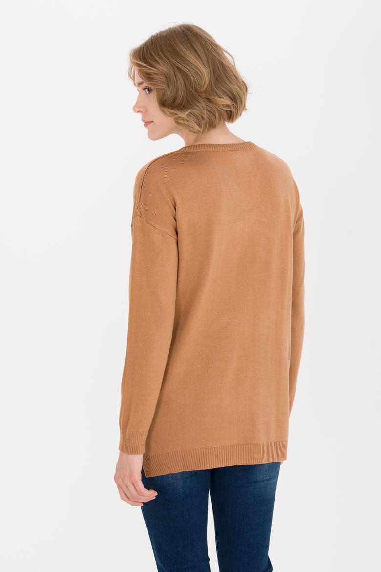 Kadın Camel V Yaka Triko Kazak - 50260479019