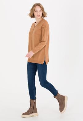 Kadın Camel V Yaka Triko Kazak - 50260479019