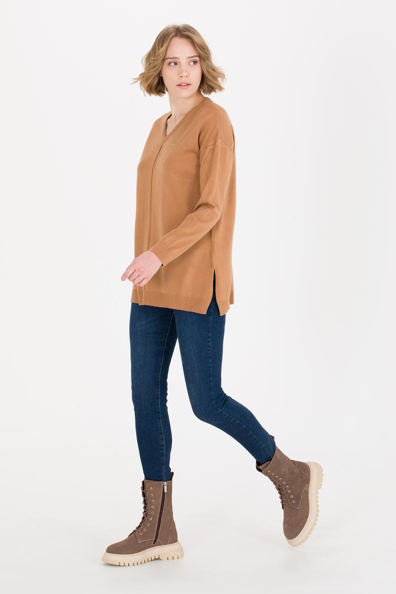 Kadın Camel V Yaka Triko Kazak - 50260479019