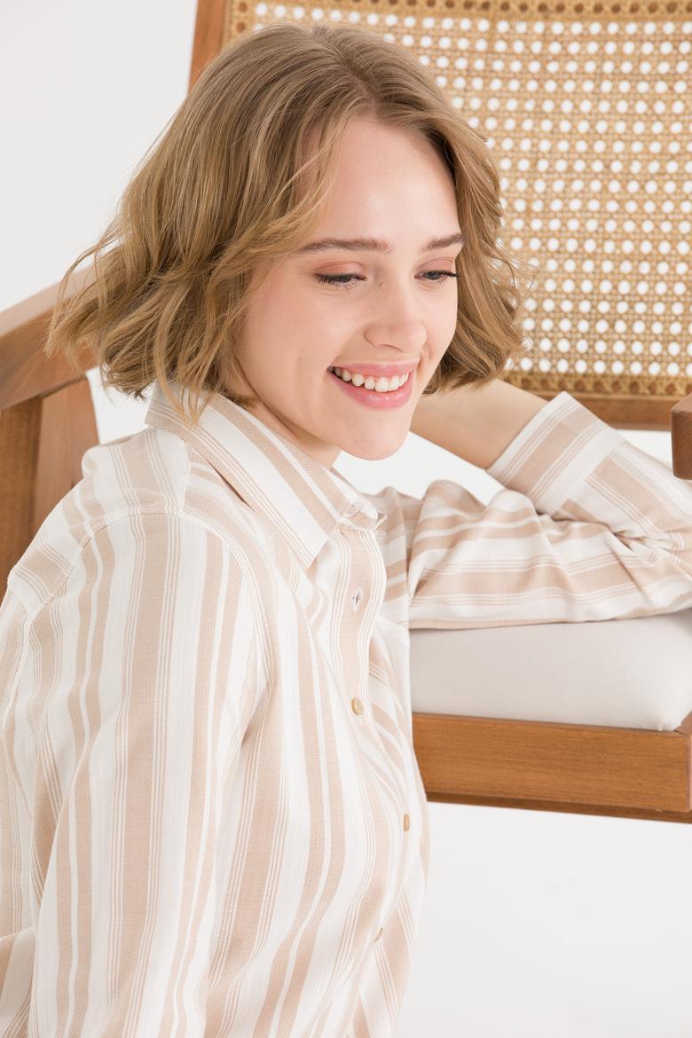 Kadın Bej Uzun Kollu Gömlek - 50262294012