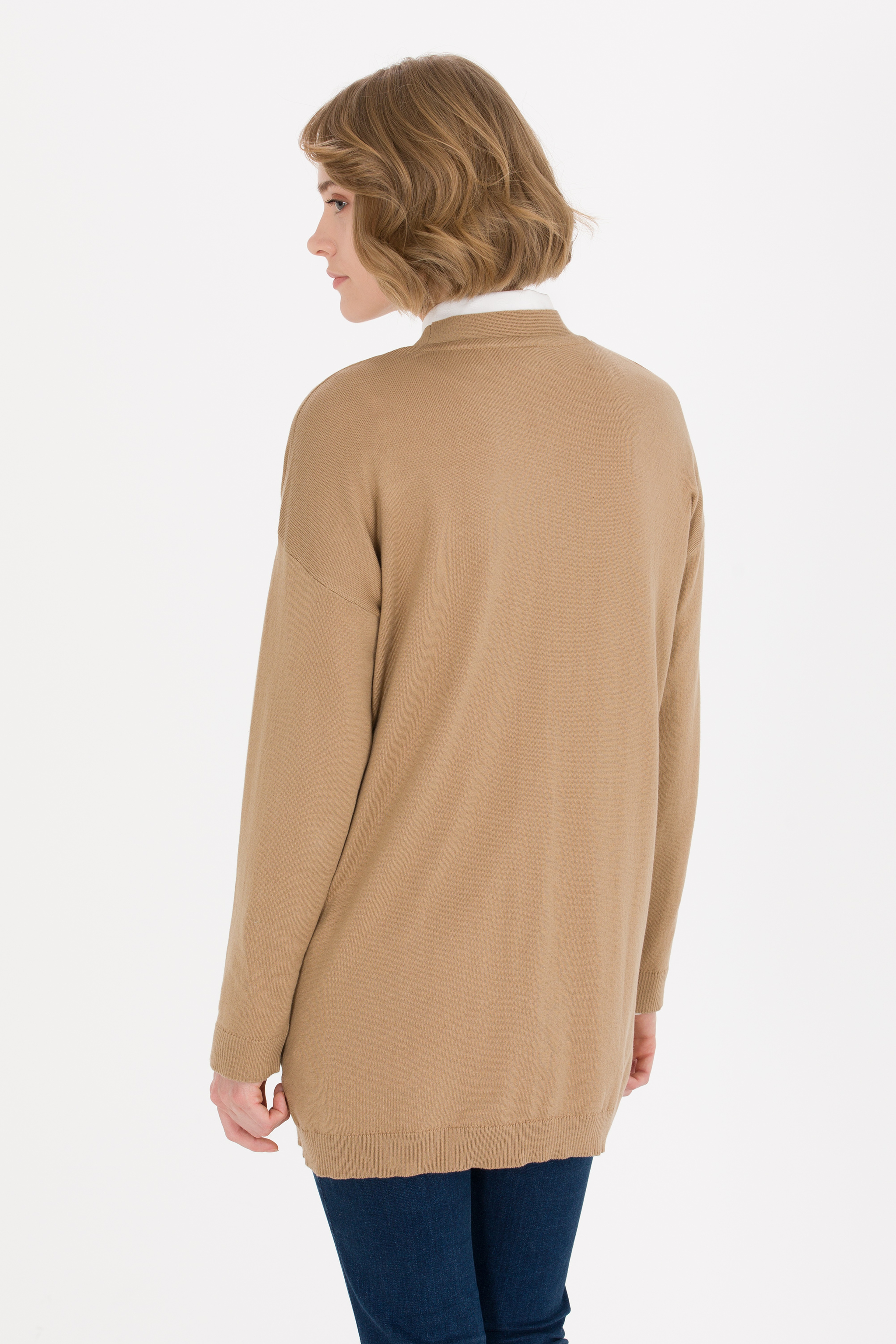 Kadın Camel Melanj Basic Triko Hırka - Image 5