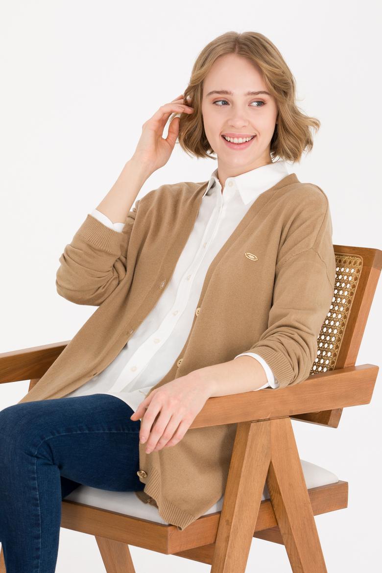 Kadın Camel Melanj Basic Triko Hırka