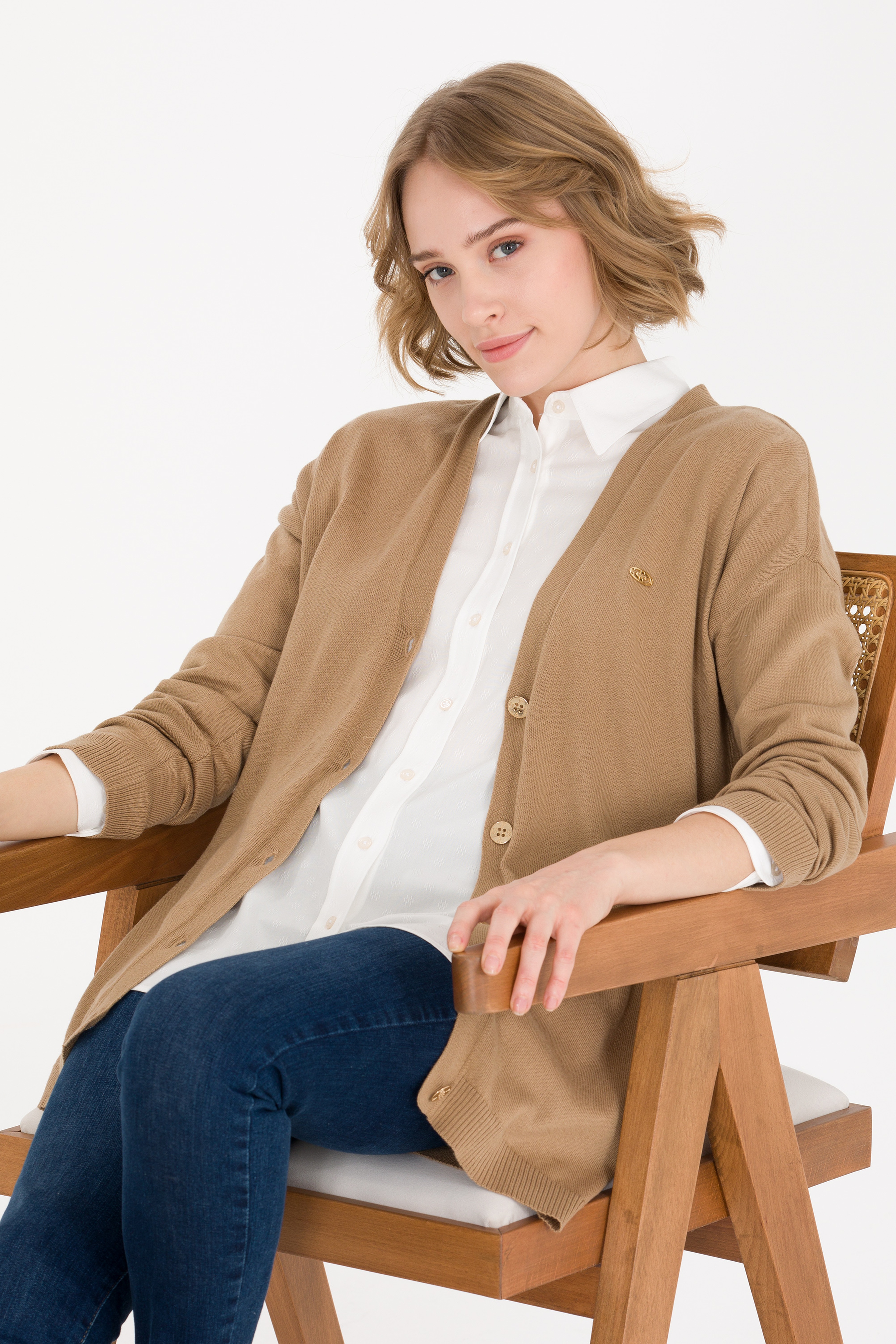 Kadın Camel Melanj Basic Triko Hırka - Image 3