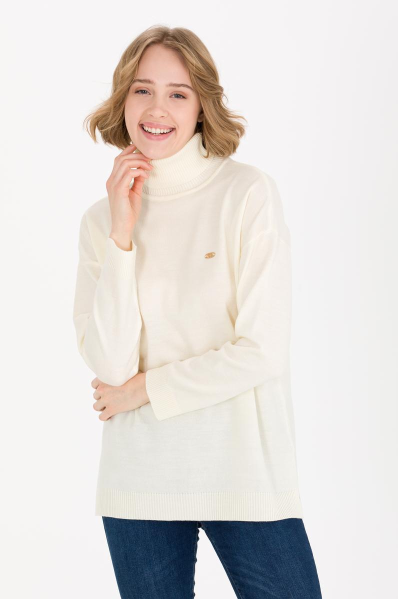 Kadın Krem Balıkçı Yaka Kazak