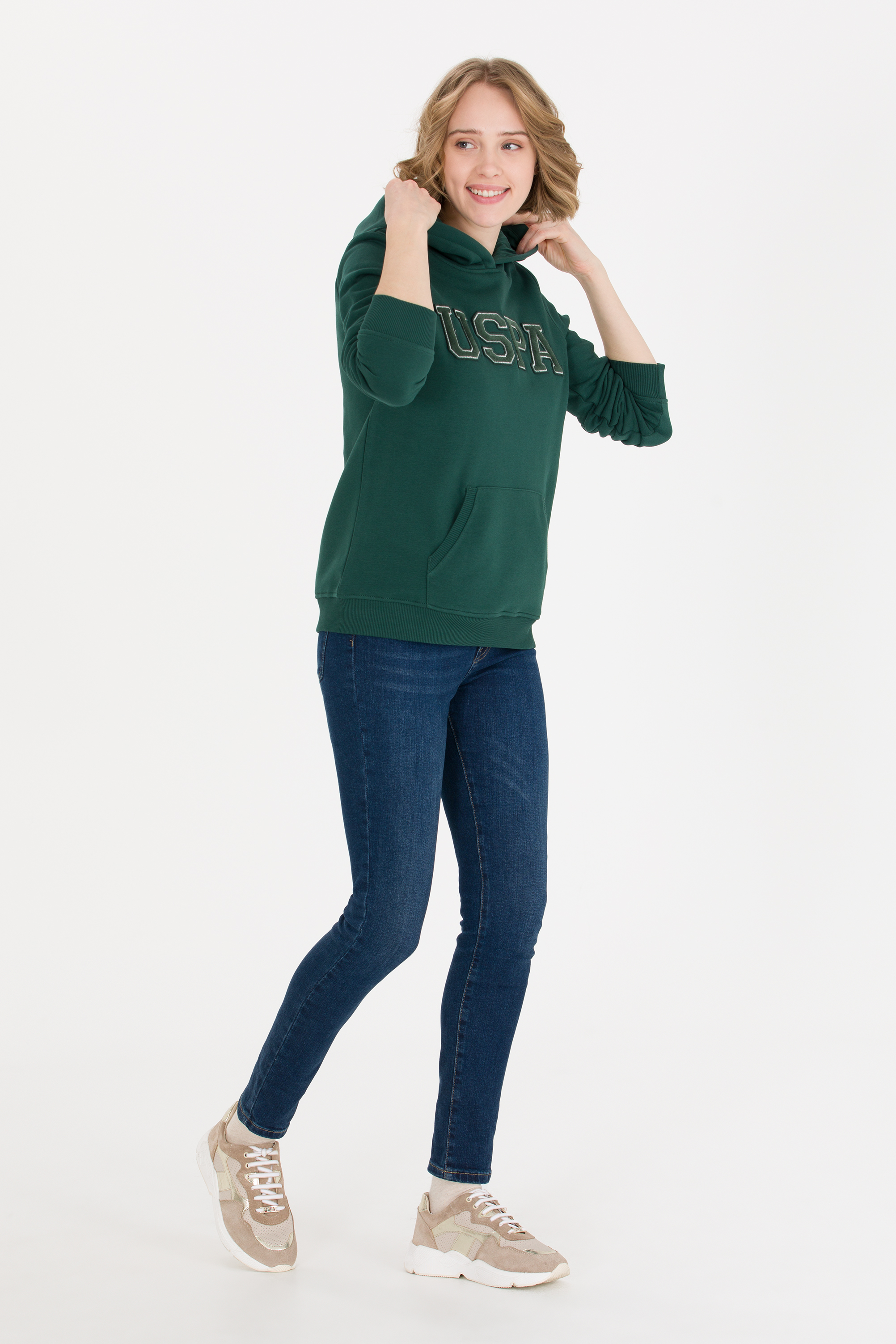 Kadın Yeşil Kapüşonlu Basic Sweatshirt - Image 4