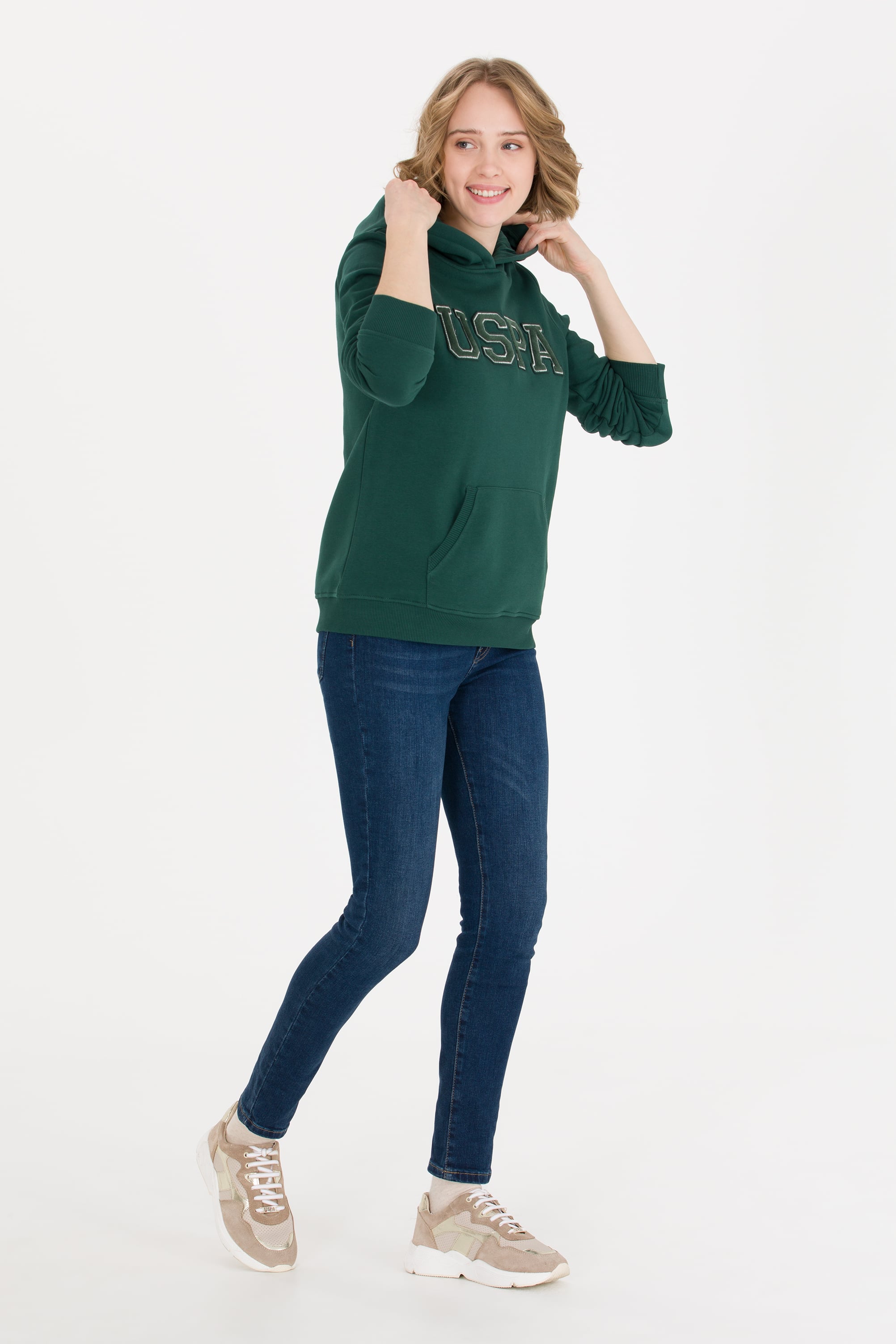 Kadın Yeşil Kapüşonlu Basic Sweatshirt