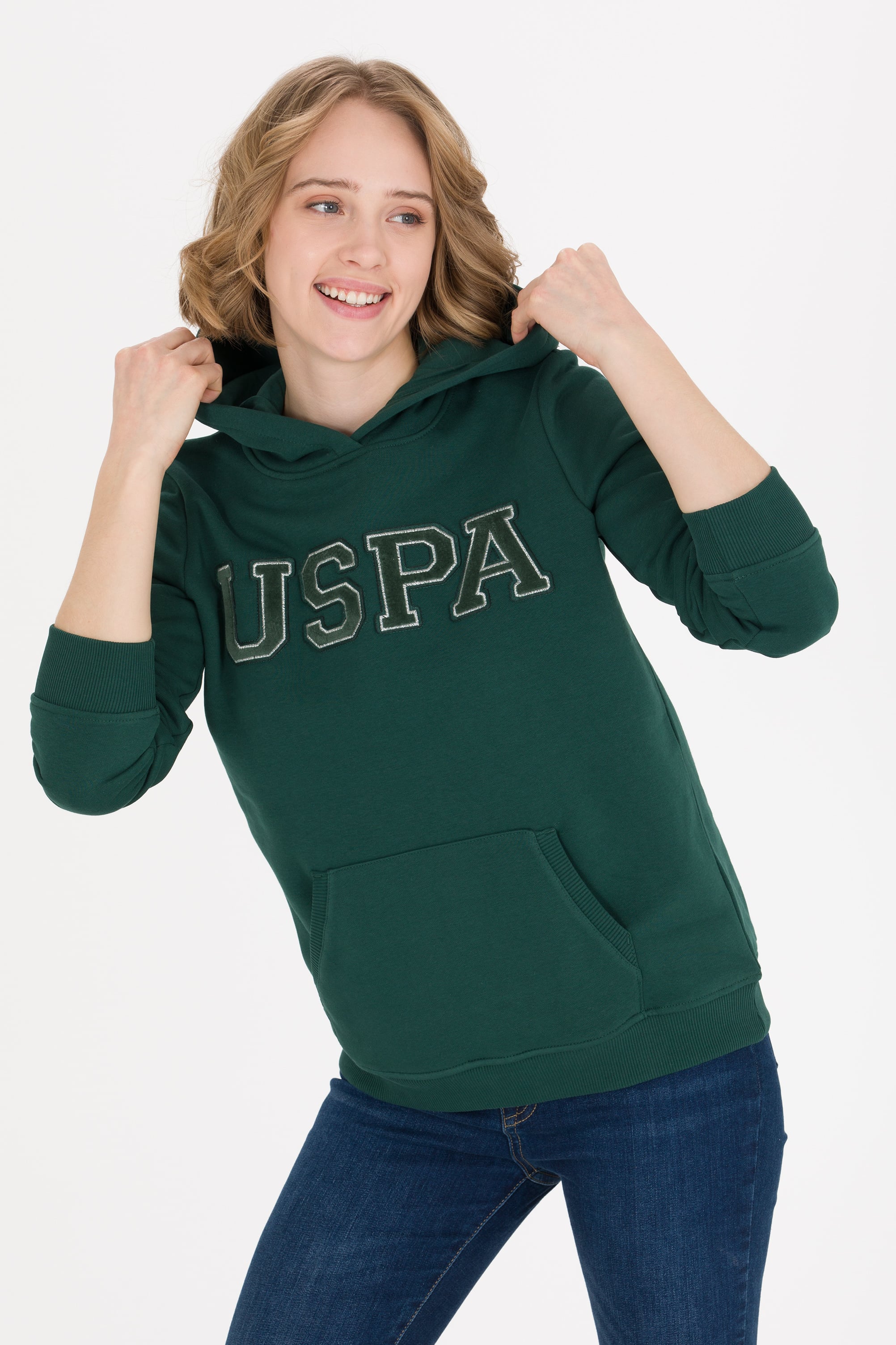 Kadın Yeşil Kapüşonlu Basic Sweatshirt