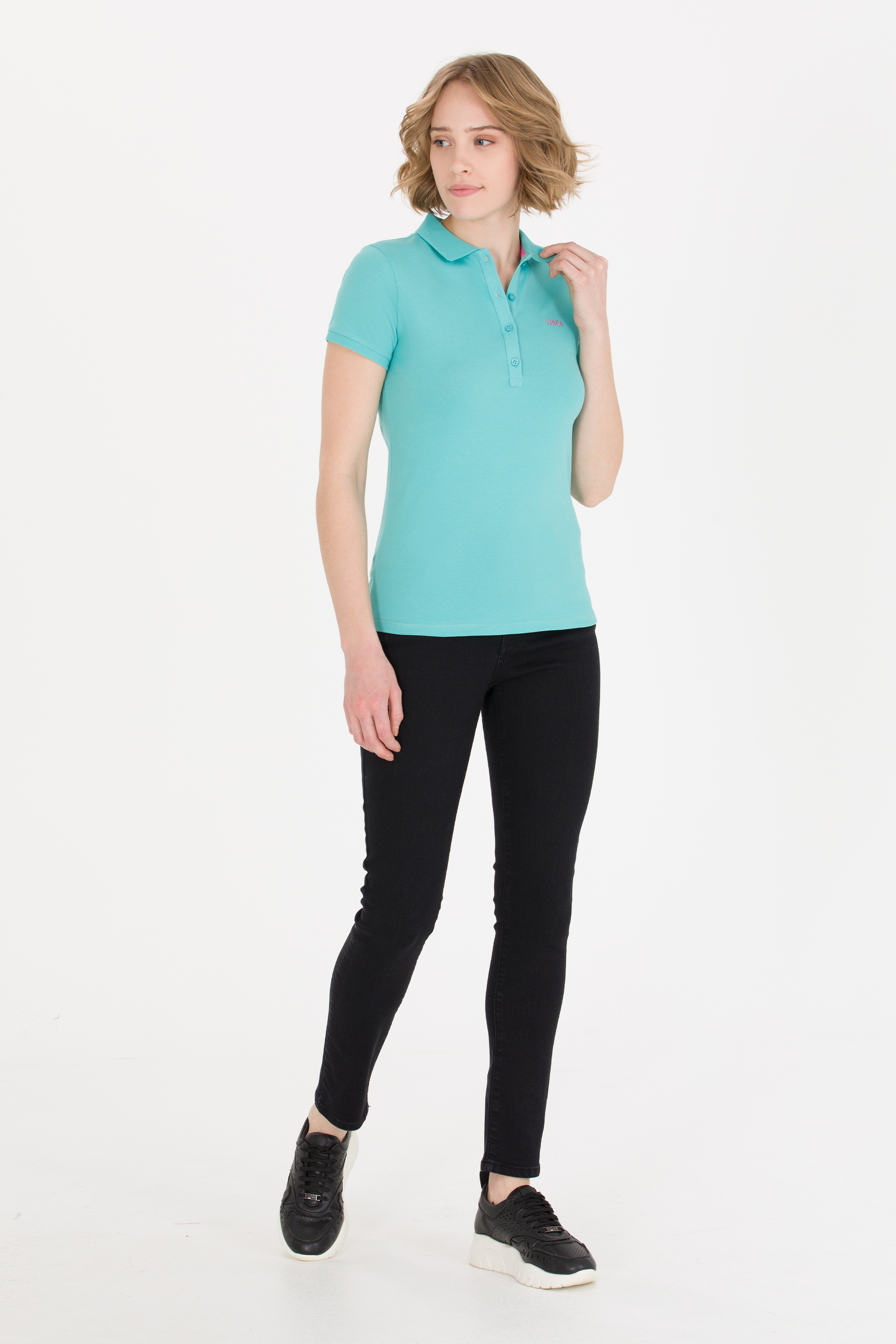 Kadın Mint Basic Polo Yaka Tişört - Image 6