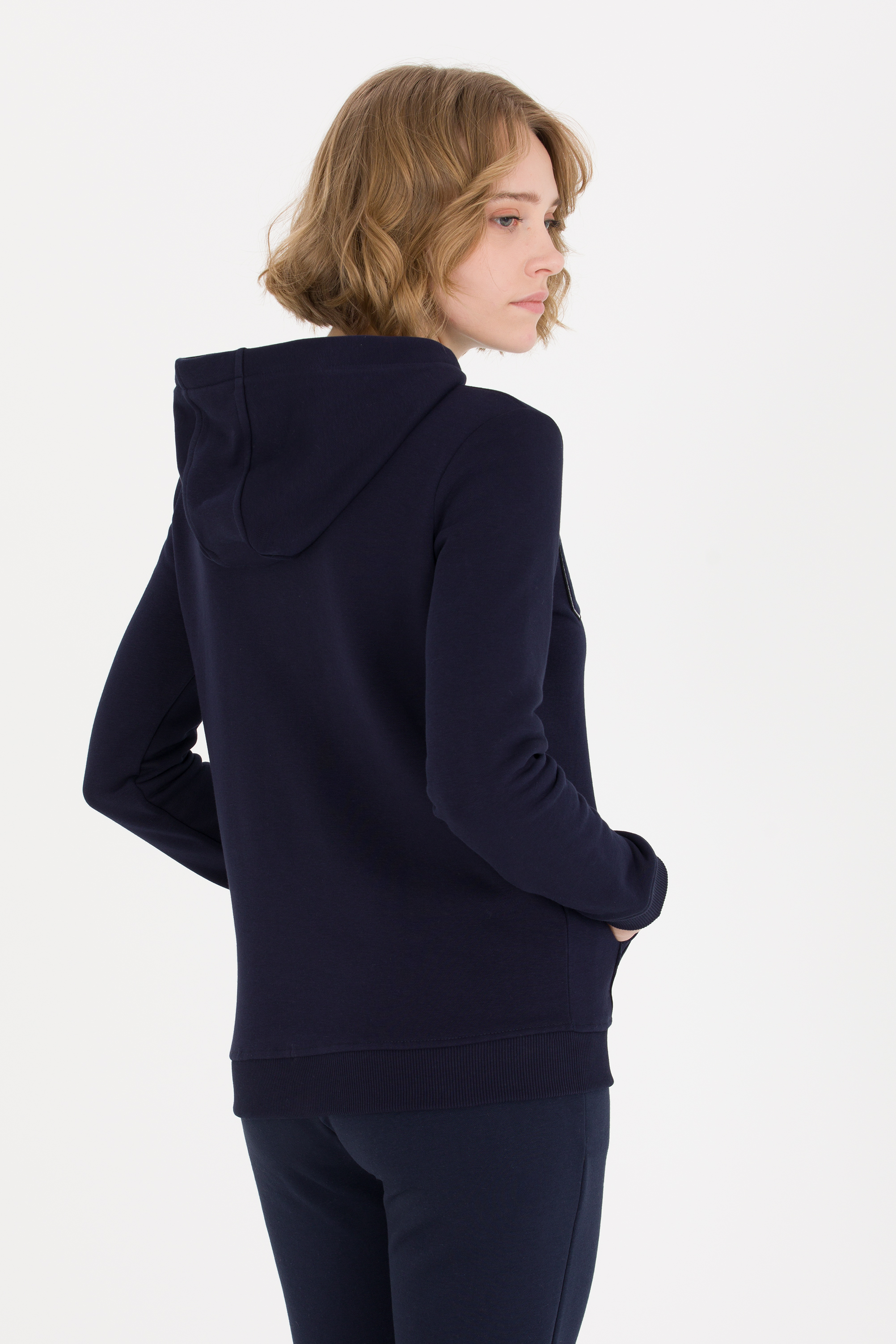 Kadın Lacivert Kapüşonlu Basic Sweatshirt - Image 5