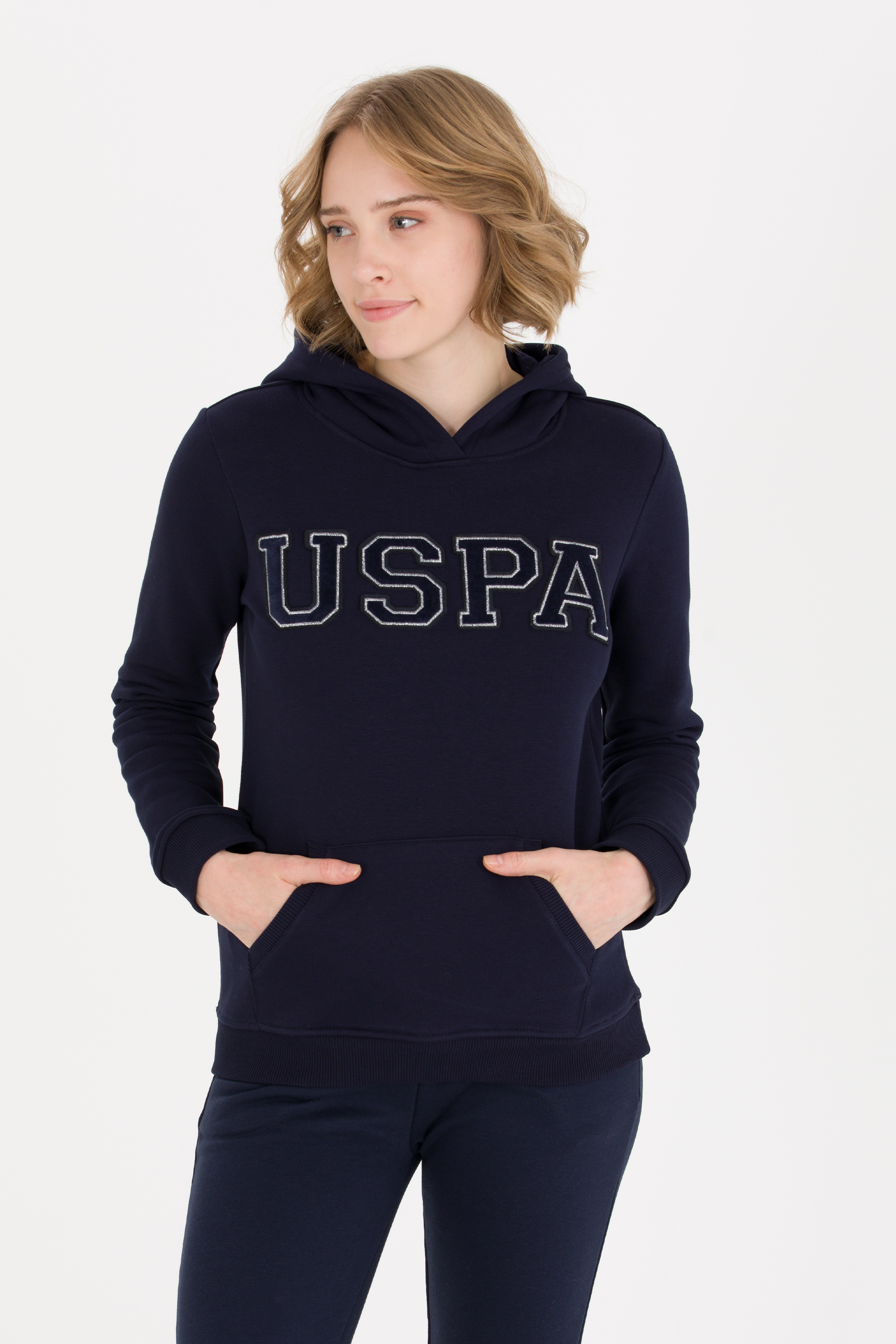 Kadın Lacivert Kapüşonlu Basic Sweatshirt - Image 3