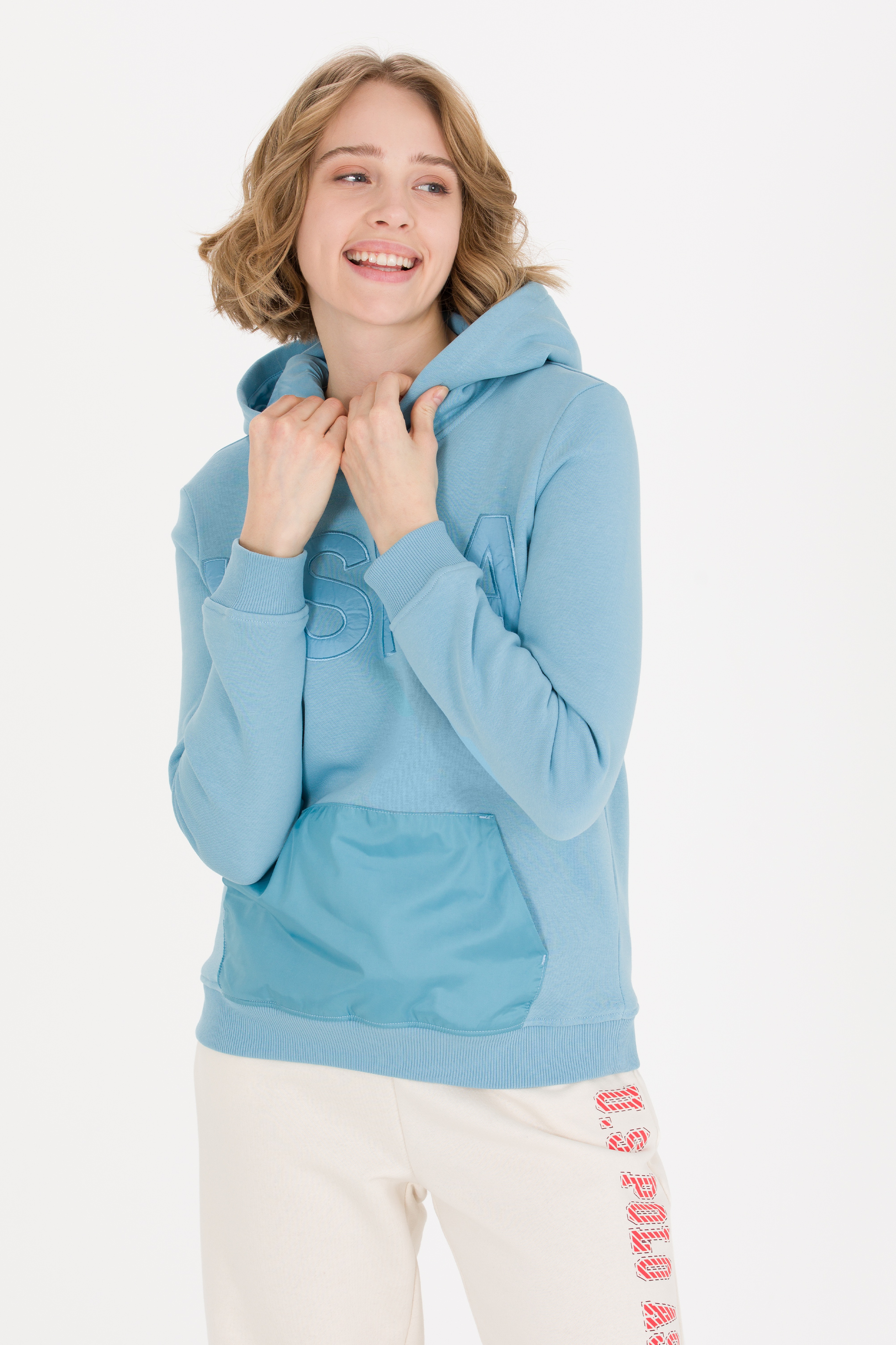 Kadın Mavi Kapüşonlu Sweatshirt - Image 3