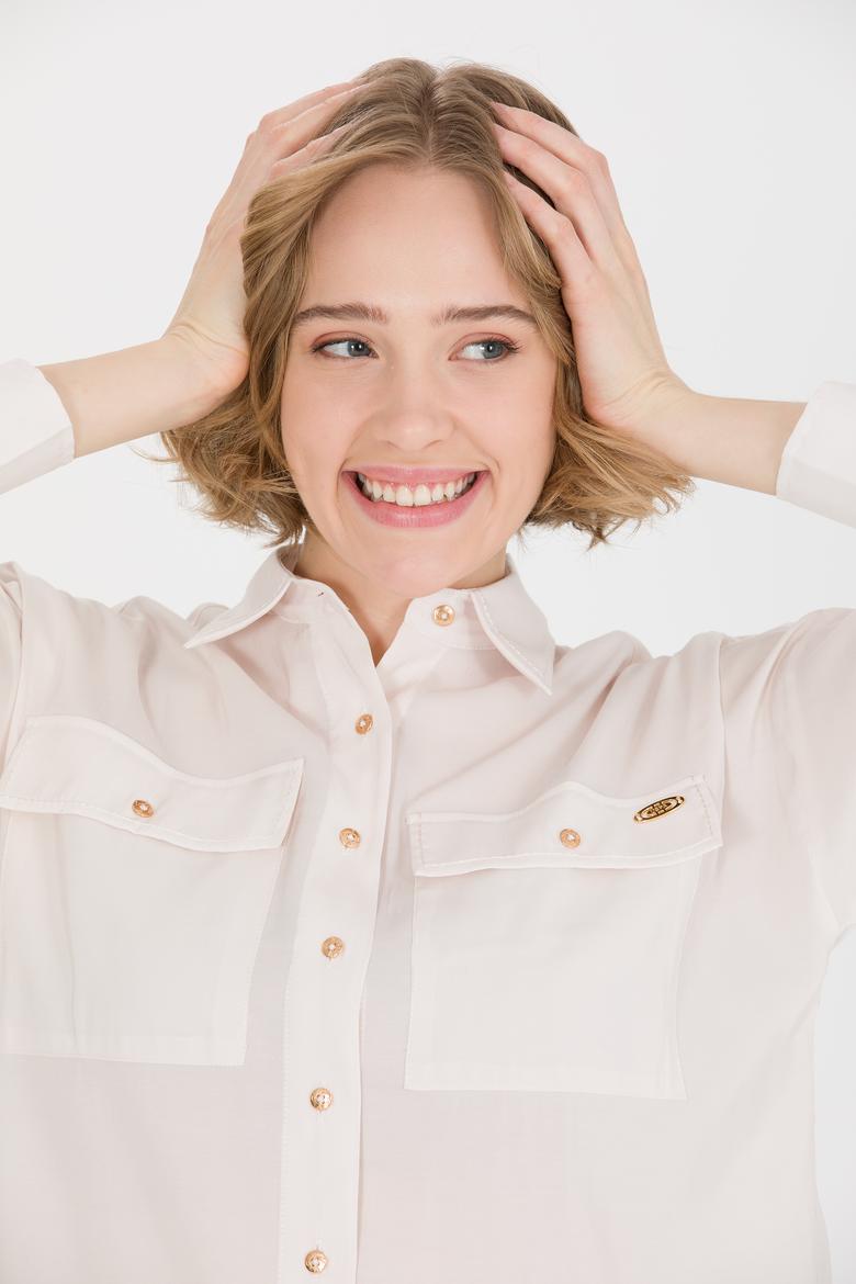 Kadın Ekru Uzun Kollu Gömlek