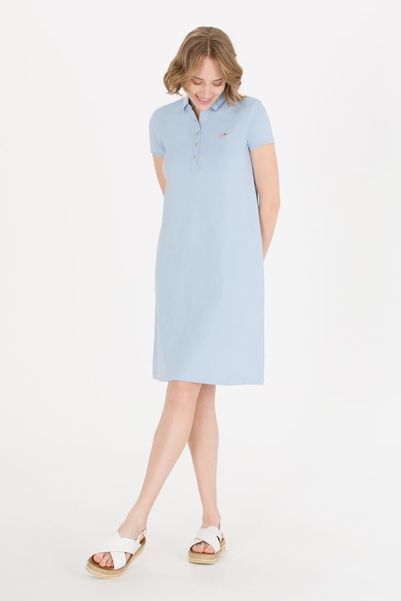 Kadın Açık Mavi Polo Yaka Örme Elbise