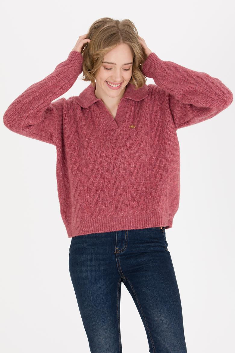 Kadın Pembe V Yaka Kazak - 50256636021