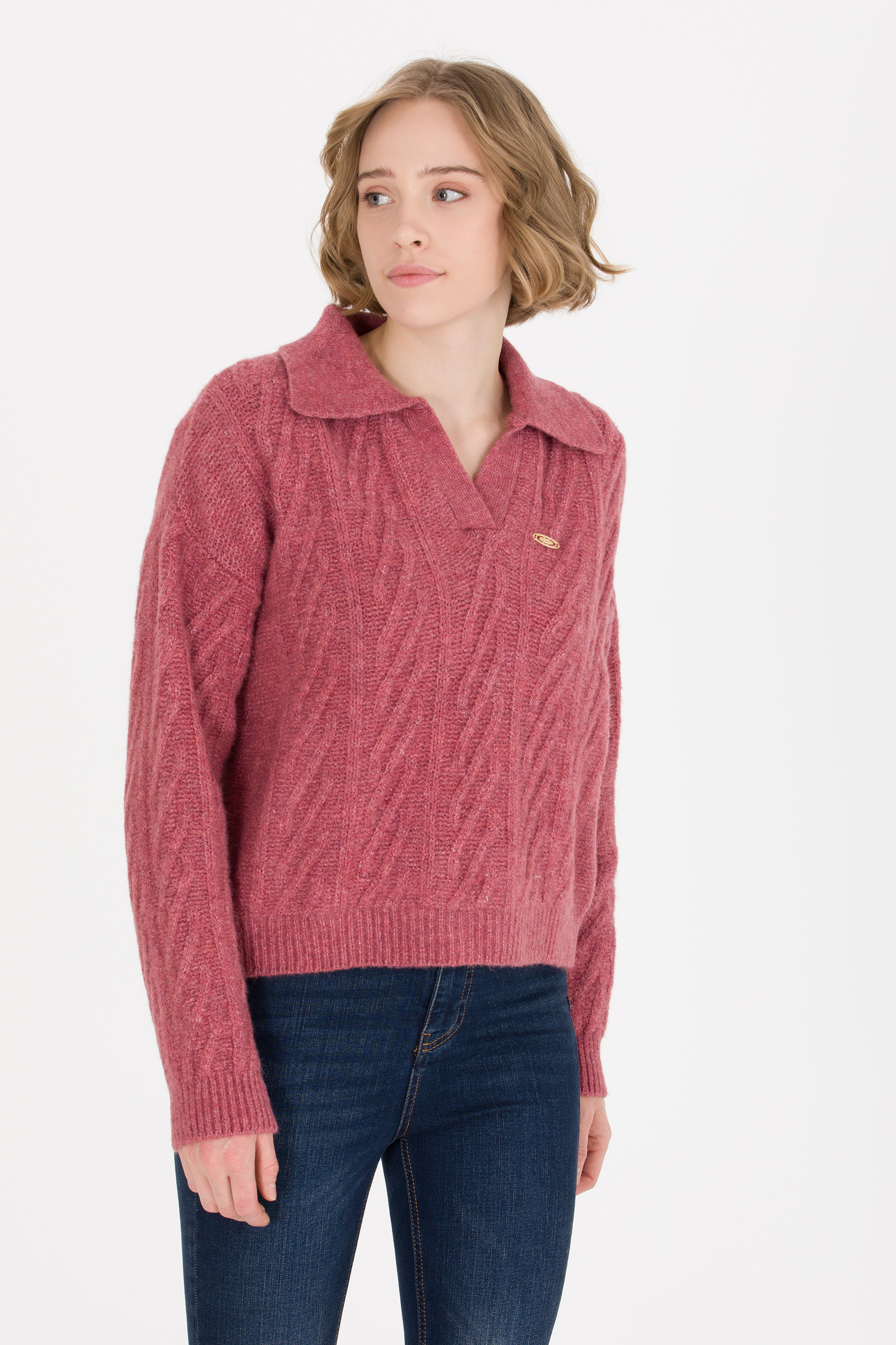 Kadın Pembe V Yaka Kazak - Image 2