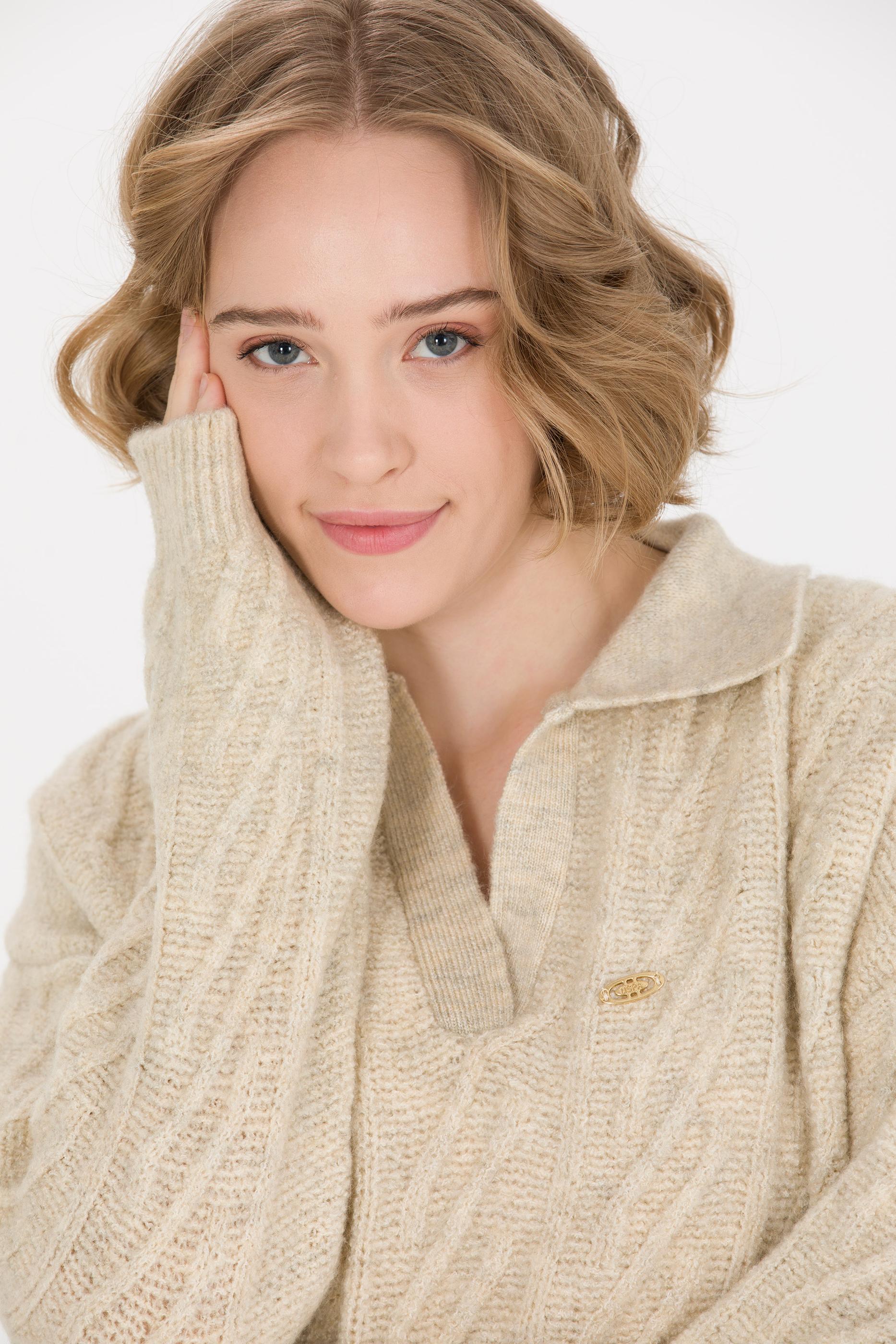 Kadın Taş Melanj V Yaka Kazak